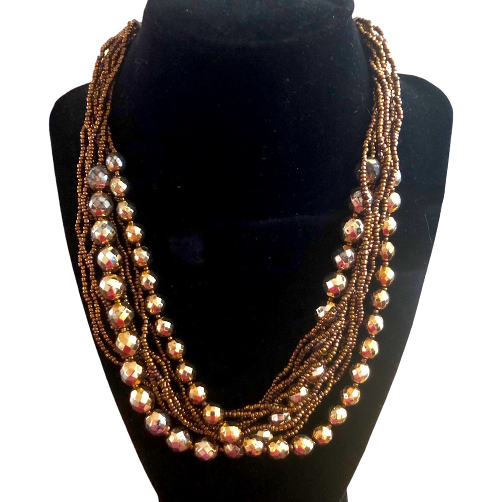 Disco Gold Bronze‎ Layered Beaded Accent Necklace 19 in